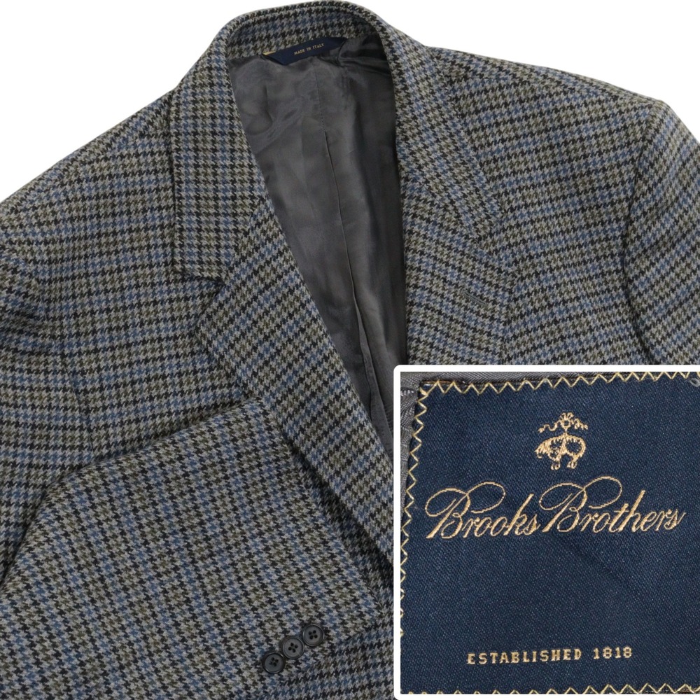 Brooks Brothers Sport Coat Houndstooth Check Blazer Blue Brown Tweed Wool Sz 48R